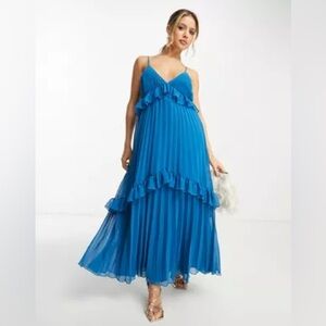 ASOS DESIGN NWT strappy pleated ruffle midi maxi dress with frills in blue